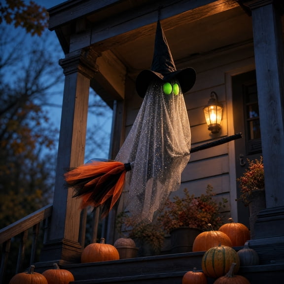 MMJ Halloween Hanging Flying Witch Ghost Ornament with Broomstick Handmade Satin Fabric for Wall Porch Tree Indoor Decor