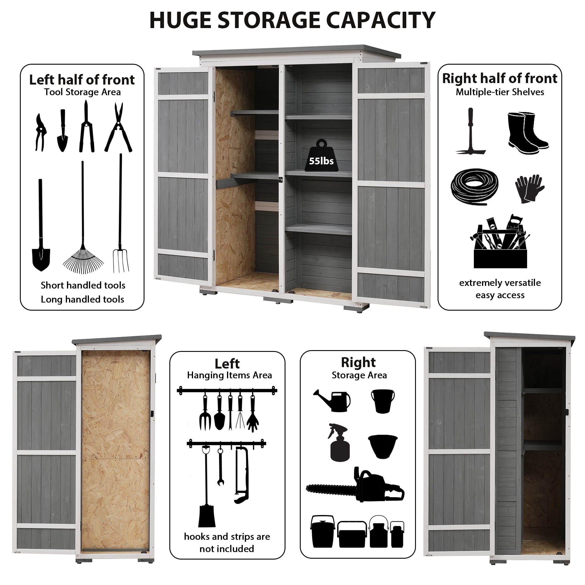 MAYEERTY Outdoor 5.5ft Wood Storage Shed with Lockable Doors, Multi-Shelf Garden Tool Cabinet with Waterproof Roof