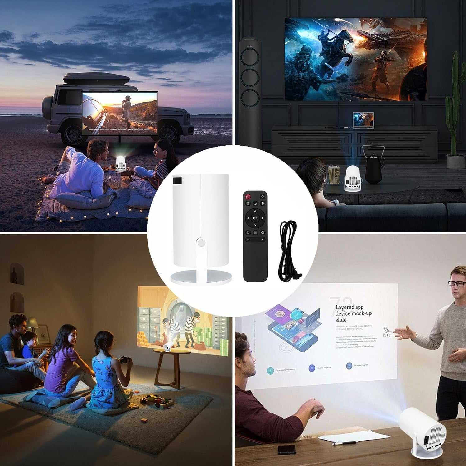 Projector with WiFi , HY300 pro 4K Decoding Android Auto  Portable Outdoor Home Movie Video Projector Compatible with Phone Laptop  TV