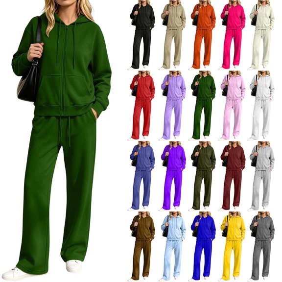 Hzzrkos Women Casual Loose Solid Color Crew Neck Long Sleeve Relaxed Fit Sweatshirt Top Matching Wide Leg Pants Two Piece Outfit Tracksuit Army Green XL