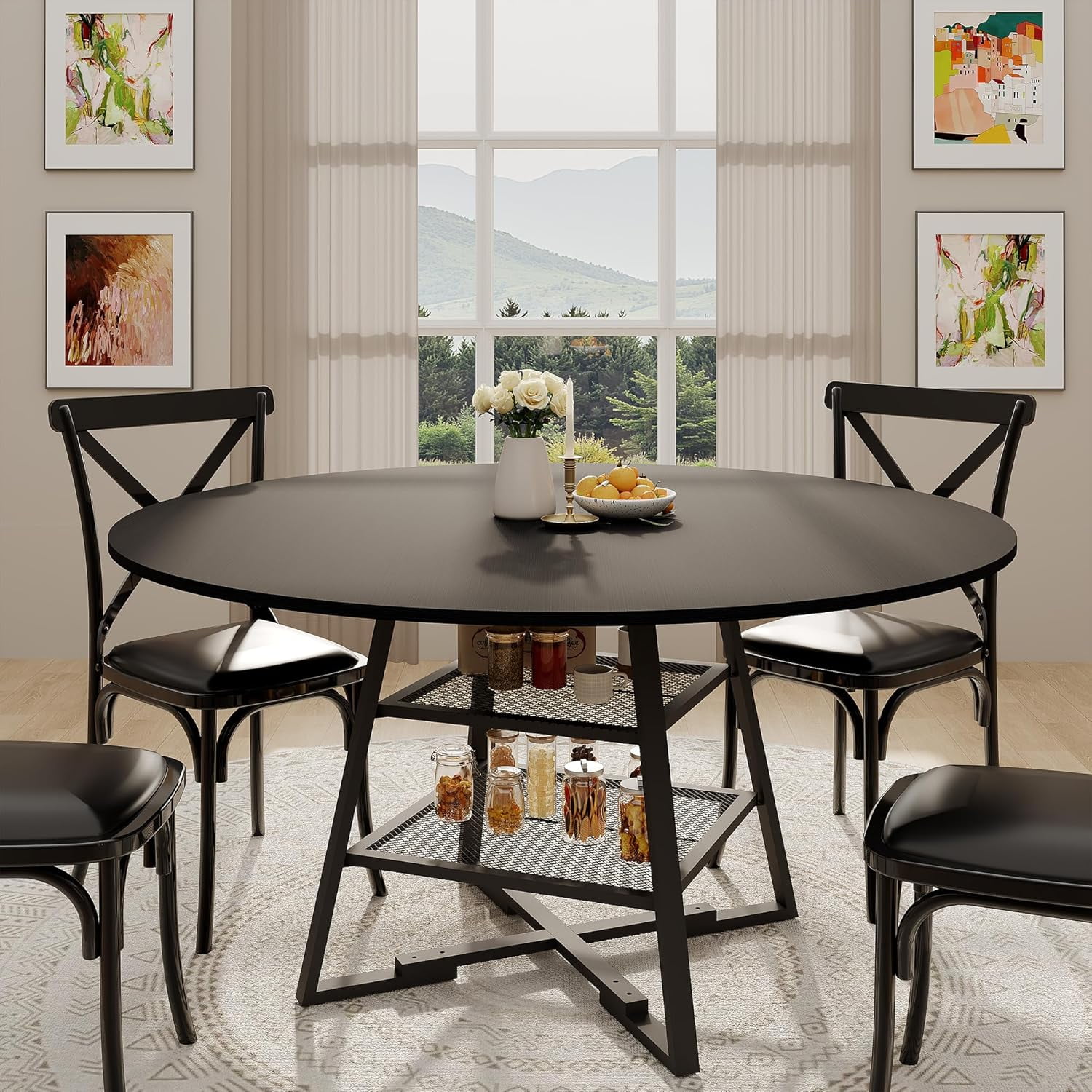 Gaderth Dinning Room Tables for 4, Round Dining Table Set with Storage, Circle Kitchen Dining Table with Metal Base, 47 Inch Wood Kitchen Tables with Storage Shelf【only table】