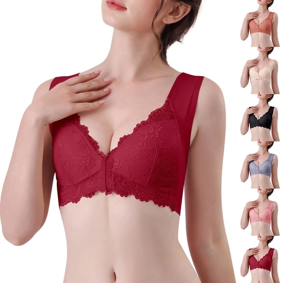 Hkoxplj Women's Plus Size Front Closure Bra Wireless Lace Bra Full Coverage Breathable Bra Wirefree Support Bra with Wide Straps for Older Women Comfortable Everyday Light Exercise Bra