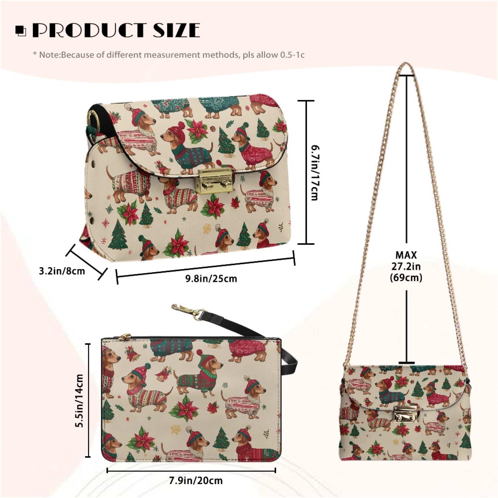 TSOVTHRID Dachshund Dog Christmas Tree Print Crossbody Bags for Women PU Leather Crossbody Handbags Purses Christmas Crossover Shoulder Bag with Chain Strap