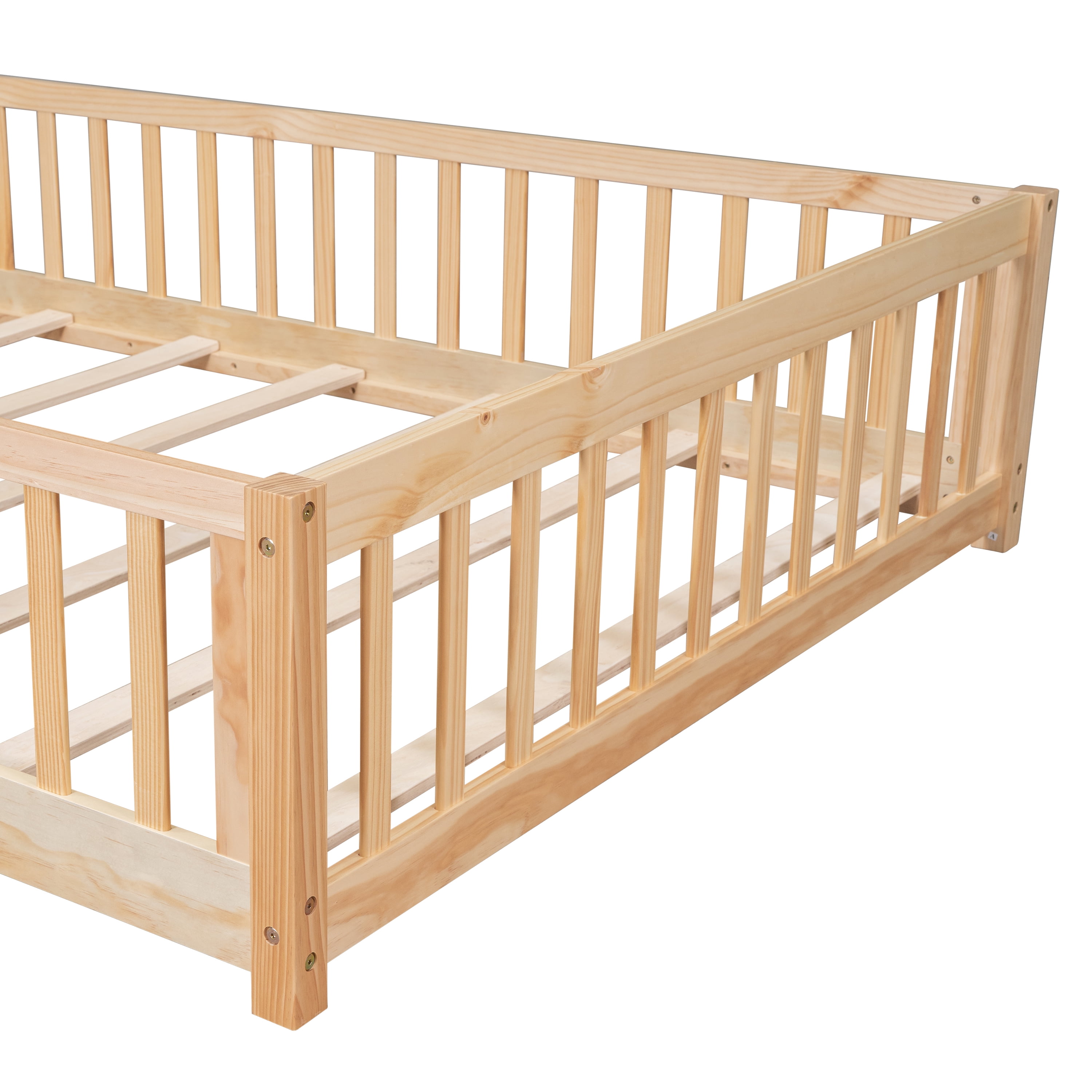 Miniyam Full Size Toddler Floor Bed with Fence, Natural