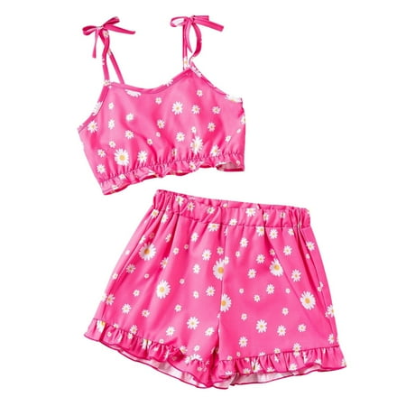 Weryoung Girl 2 Piece Summer Outfits Baby Cute Floral Print Crop Top And Ruffle Shorts Clothing Sets  Hot Pink 3-4 Years