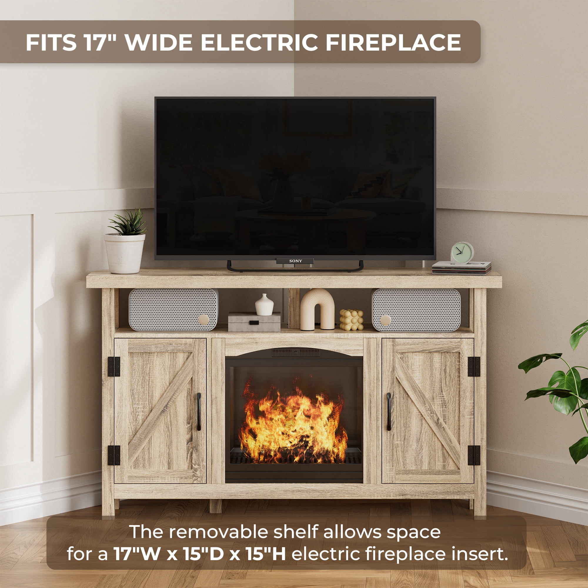 StorageWorks Farmhouse Corner TV Stand for TVs up to 60", Entertainment Center with Sliding Barn Doors and Storage Cabinets, Rustic Brown