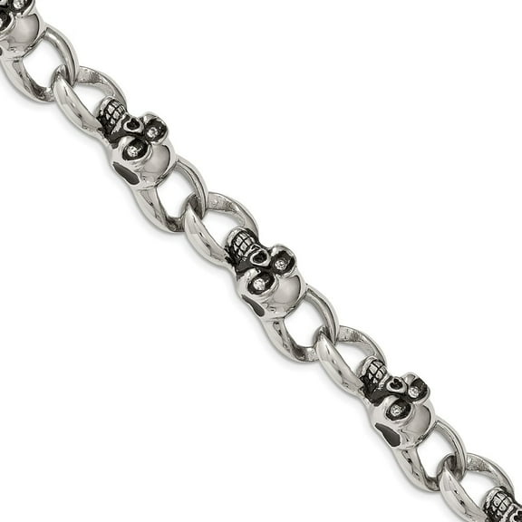 Auriga Fine Jewelry Stainless Steel Antiqued and Polished with CZ Skull Link 9 inch Men's Bracelet