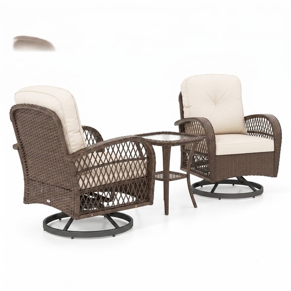 Furnibear 3 Piece Patio Swivel Rocker Conversation Set, Outdoor PE Rattan Glider Chairs with Tempered Glass Side Table and Thick Cushions for Backyard Poolside, White