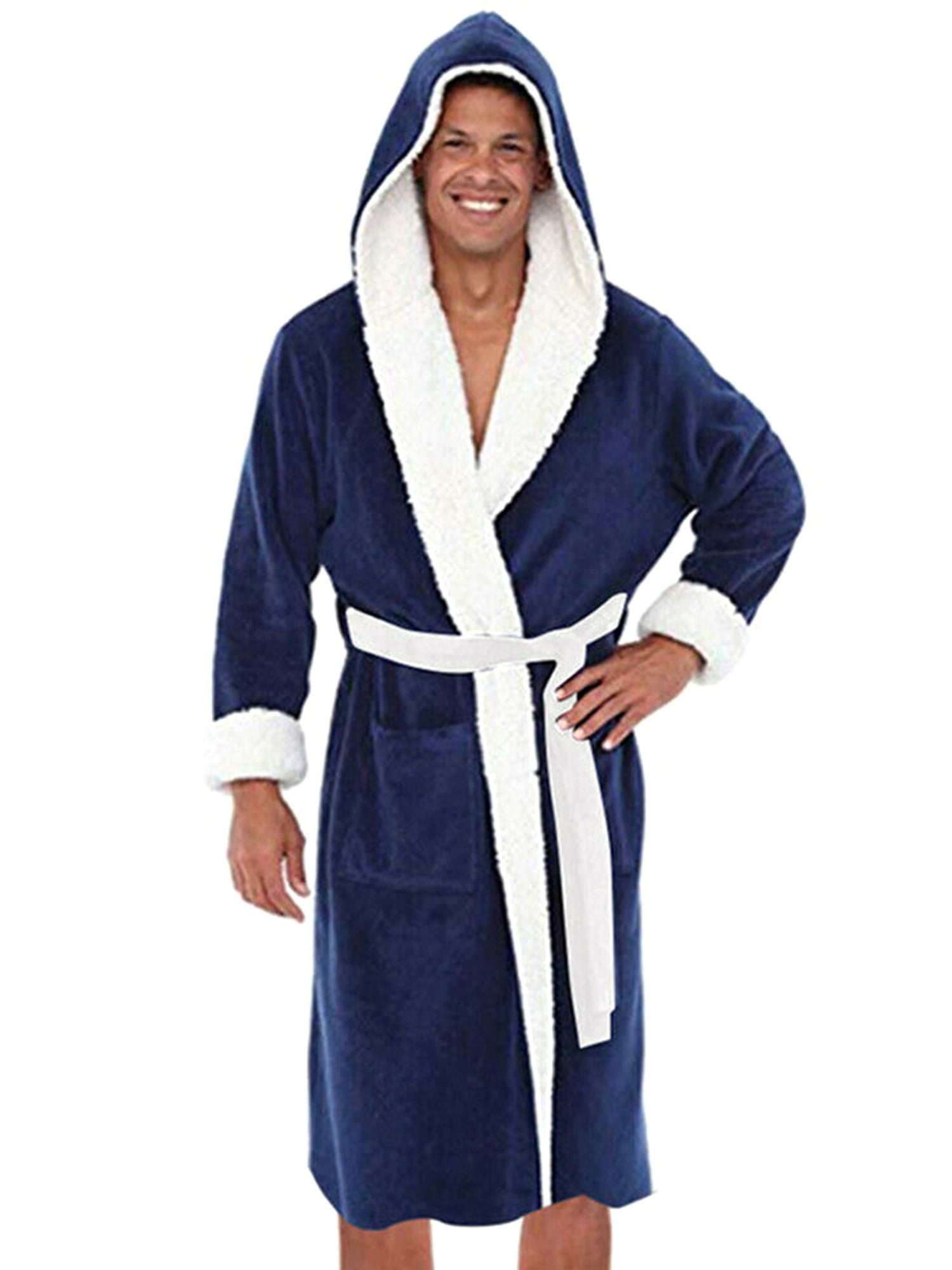 Men Winter Warm Long Dressing Gown Hooded Bathrobe Towelling Bath Robe Nightwear 