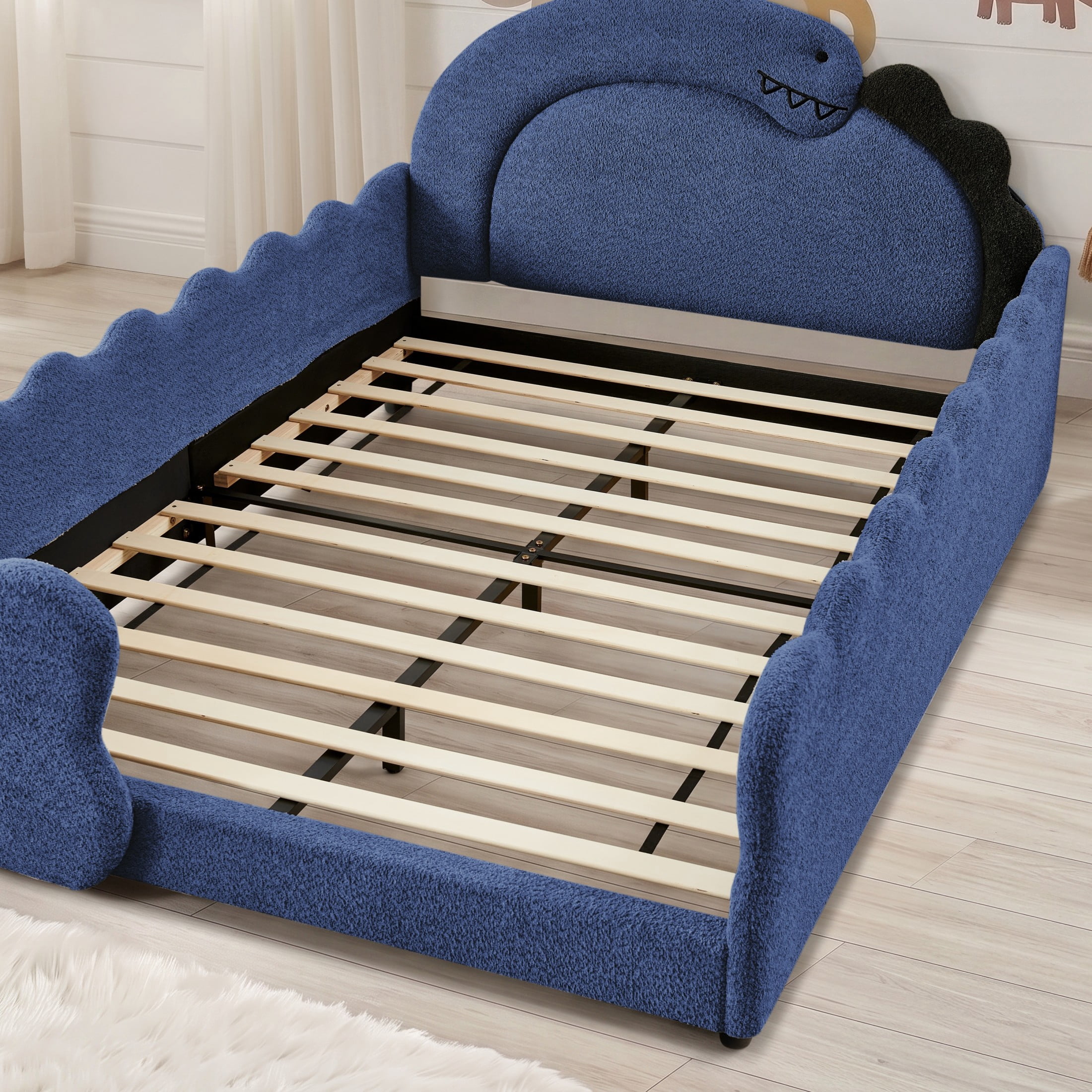 GDF Studio Full Size Cute Dinosaur Bed with Safety Guardrails & Solid Wood Frame, Boucle Fabric Upholstered Bed, Navy