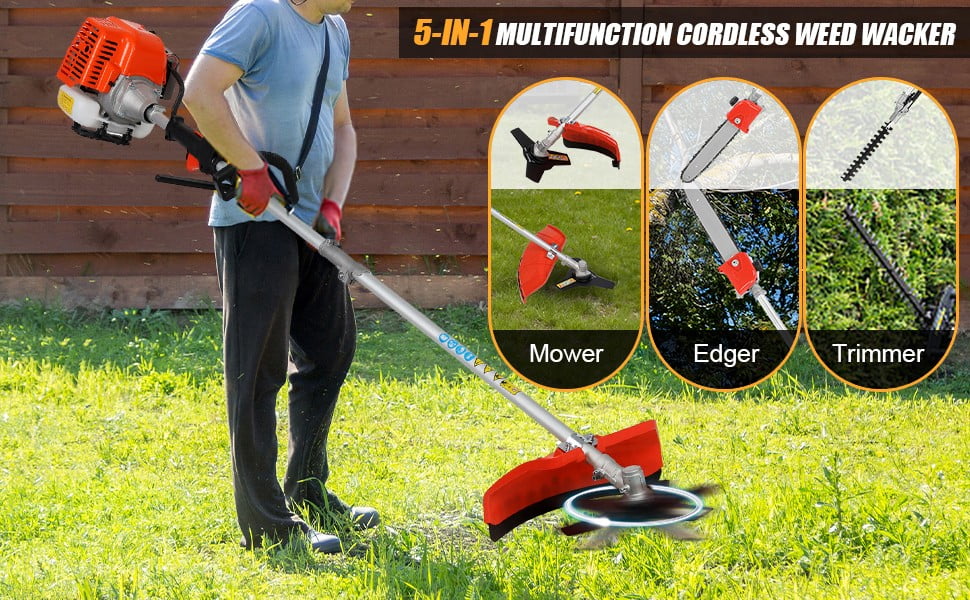 Floseru 5 in 1Gas Weed Wacker，62cc 2 Stroke Full-Functional Petrol Hedge Trimmer,Gas Weed Eater,Grass Cutter Machine,Straight Shaft Grass Trimmer Cordless for Gardening