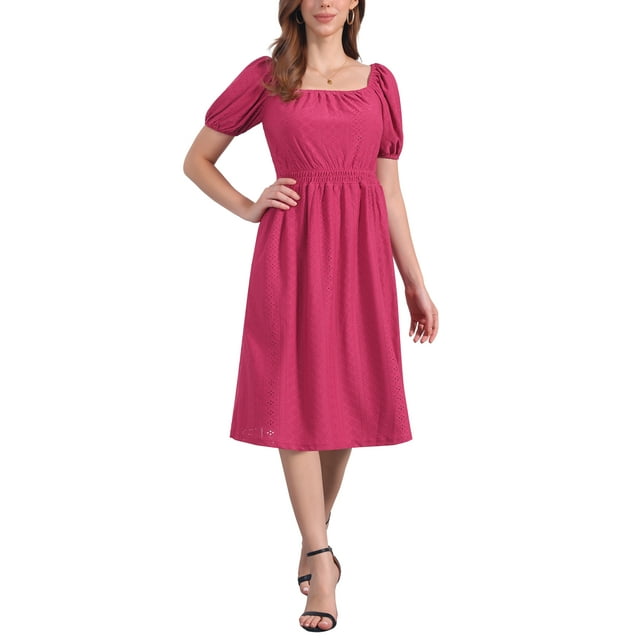 INSPIRE CHIC Vestidos de Ojal para Mujeres, Cuello Cuadrado, Manga Corta Abullonada, Casual, Corte A, Vestido Midi de Verano, M, Rosa Fucsia Oscuro