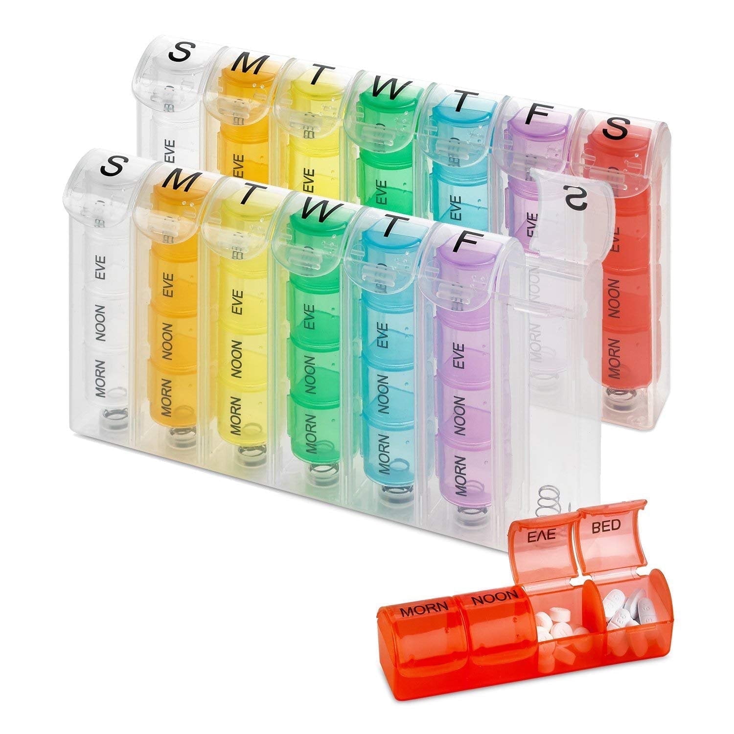 Weekly Pill Organizer - (Pack of 2) Pill Planners for Pills & Vitamins Each Day Week, Four Times-a-Day Medication Reminder, Easy to Read AM/PM Compartments Monday to Sunday for Travel & Purse