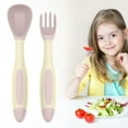 thumbnail image 2 of 2 Pcs Plastic Small People Spoons Set Tableware Bendable Design Portable Utensils Small People Feeding Auxiliary Spoon Fork for Self-Feeding Bendable Learning Utensils, 5.63"&5.24", Apricot Pink, 2 of 9