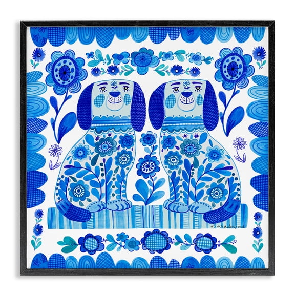 Stupell Industries Blue Folk Style Puppies Animals Painting Black Framed Art Print Wall Art, 12 x 12