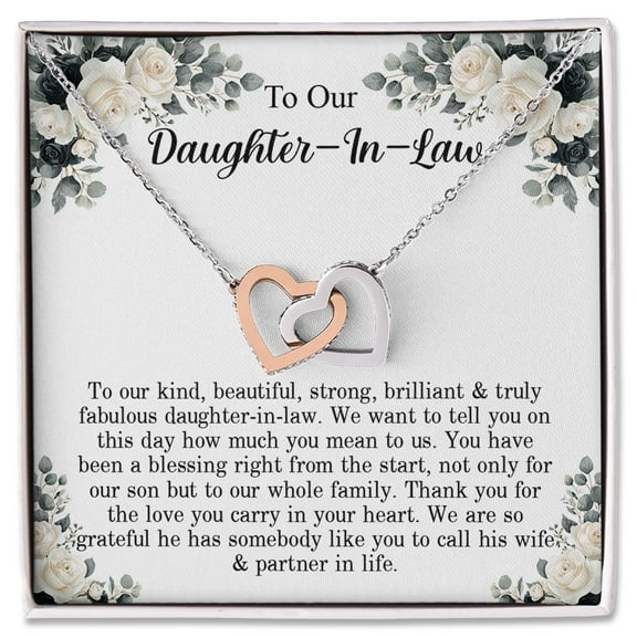 Interlocking Hearts Necklace, Gift for Daughter-in-Law from Parents-in-Law, Meaningful Jewelry with Loving Message Card, Birthday or Holiday Present, Heartfelt Keepsake Gift for Her