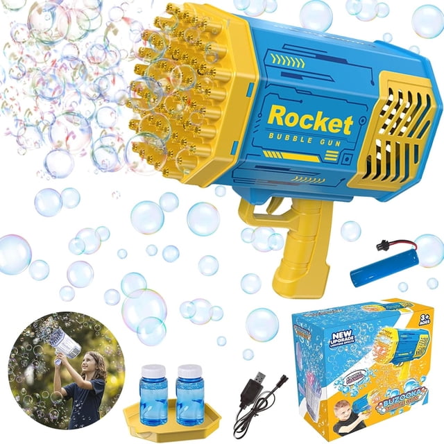 69-Hole Rocket Bubble Gun – Automatic Bubble Machine with LED Lights, Rechargeable Battery, 2 Bubble Solution Bottles & Tray – Bazooka Bubble Blower Toy for Kids Outdoor Fun