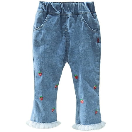 

Pedort Jeans Pants For Girls Girl Denim Flare Pants Cherry Embroidery Tassel Elastic Waist Jeans One-Piece Fashion Bell Bottoms Blue 100