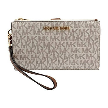 Michael Kors Jet Set Travel Leather Logo Large Double Zip Wristlet Wallet (Vanilla)