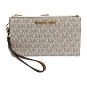 Michael Kors Jet Set Travel Leather Logo Large Double Zip Wristlet Wallet (Vanilla)