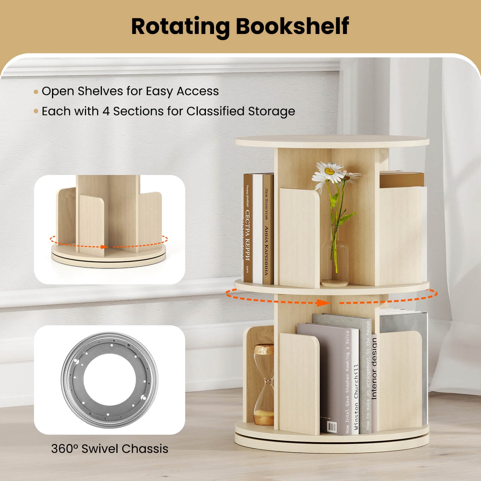 Costway 1 PCS 2-Tier Rotating Bookshelf 360° Display Rack with Dividers & Anti-falling Baffles Natural