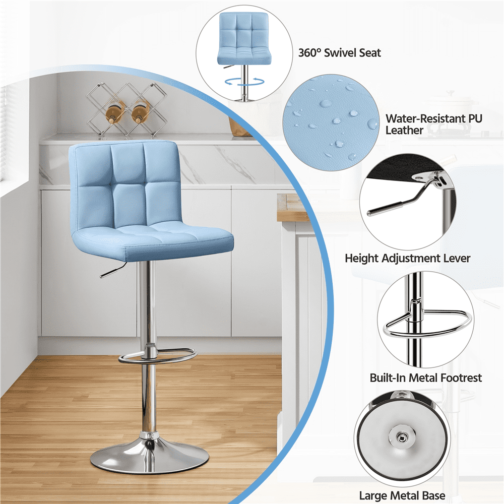 Alden Design Modern PU Leather Bar Stools with Backrest and Footrest, Set of 2, Blue