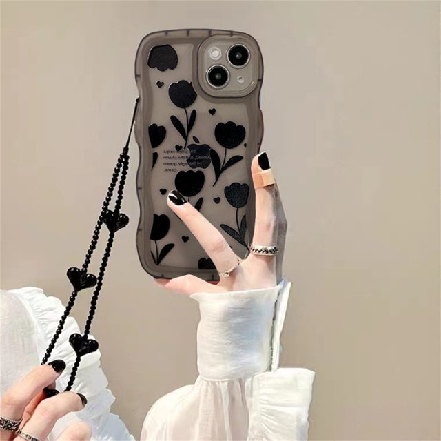 Funda negra coreana con tulipán, flor, corazón de amor, cadenas de teléfono para IPhone 12, 11, 14 Pro, XR, X, XS, Max, 7, 8 Plus, borde ondulado, cubierta trasera Fivean unisex