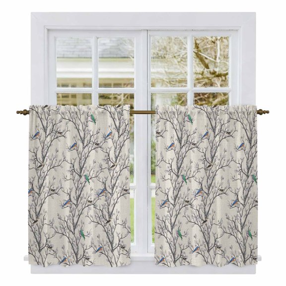 Natural Trees Kitchen Curtains 45 Inch Length, Colored Birds on Branches Retro Rustic Tiers Curtains for Bathroom Bedroom Cafe, Light Filtering Small Window Treatment Short Drapes 2 Panels 42"Wx45"L