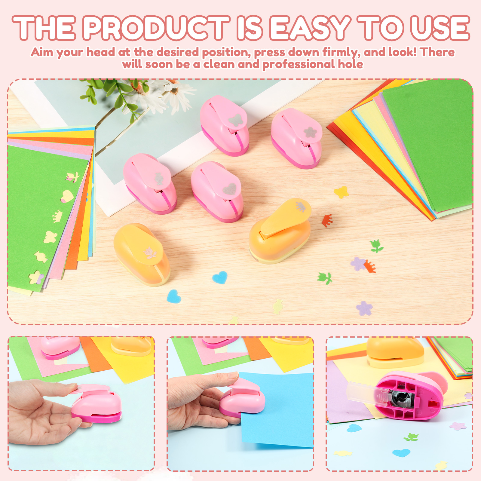 6Pcs Craft Hole Punch with 100 Cardstock Butterfly/Heart/Rose/Candy/Cherry Blossom/Crown Shape Paper Hole Shape Puncher Tool for DIY Craft