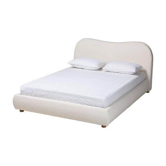 Mid-Century Modern Platform Bed - Cream Boucle Fabric & Oak Wood Frame - Bedroom Bed Frame