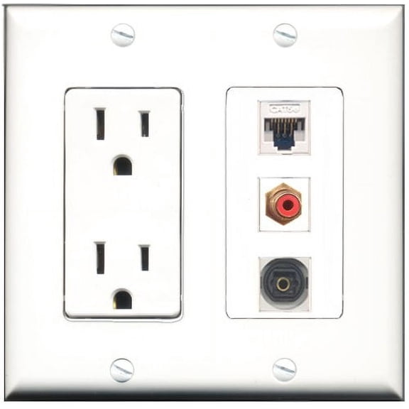 RiteAV - 15 Amp Power Outlet 1 Port RCA Red 1 Port Toslink 1 Port Cat5e Ethernet White Decorative Wall Plate