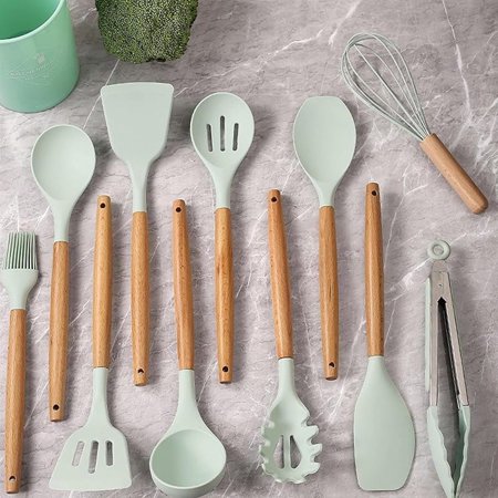 12-Piece Silicone Kitchen Utensil Set with Holder - Wooden Handle Heat Resistant Non-Stick Cooking Tools for Baking Frying & Stirring