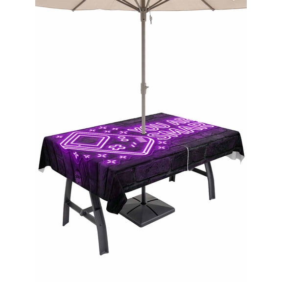 Outdoor Tablecloth with Umbrella Hole for Patio/Picnic/Party/Camping, Purple Video Game Waterproof Table Cloth Rectangle Table Cover Washable, Cartoon Funny Neon Graffiti Brick (60"x 84")