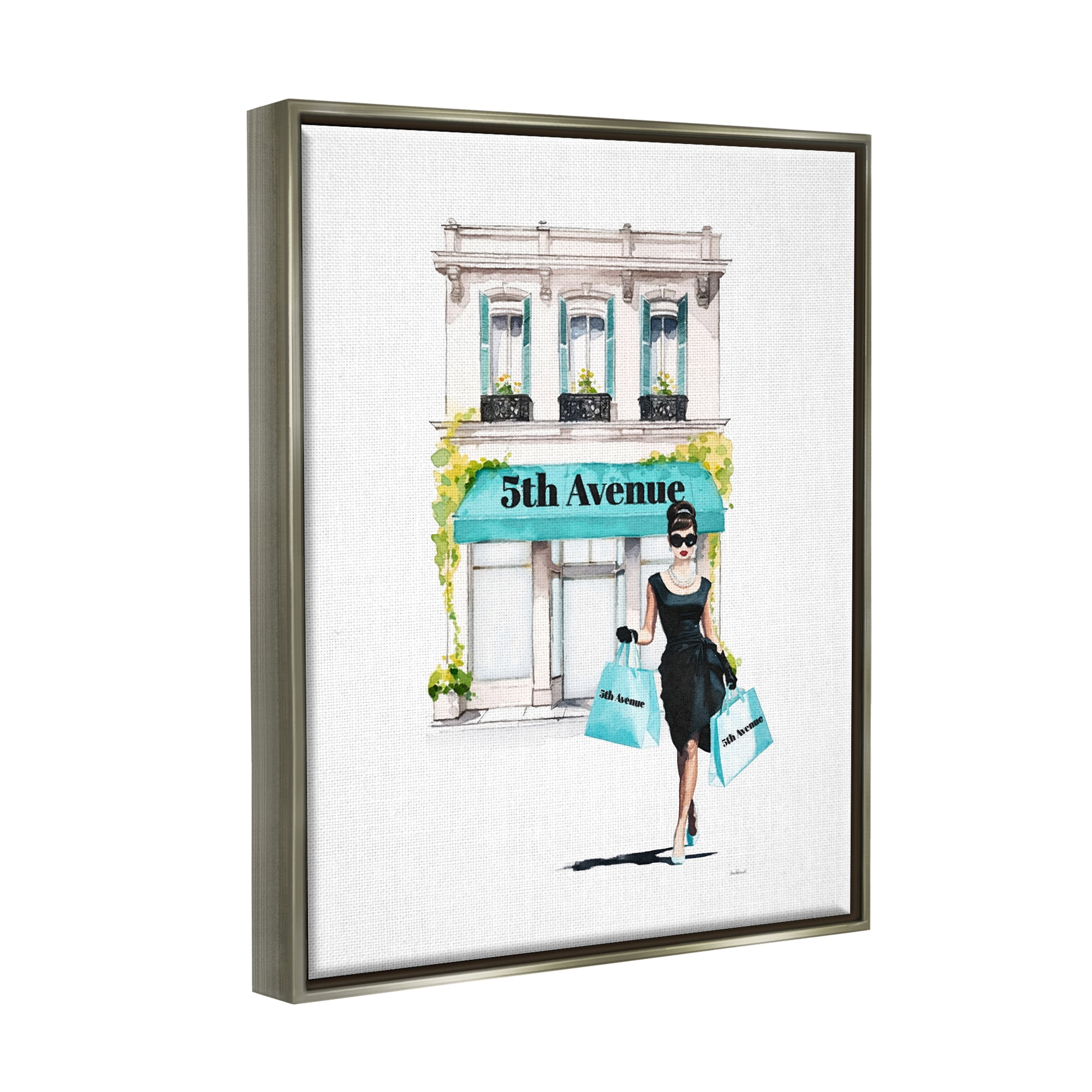 Stupell Industries Fashionista with Shopping Bags Beauty & Fashion Painting Gray Floater Framed Canvas Art Print Wall Art, 25 x 31
