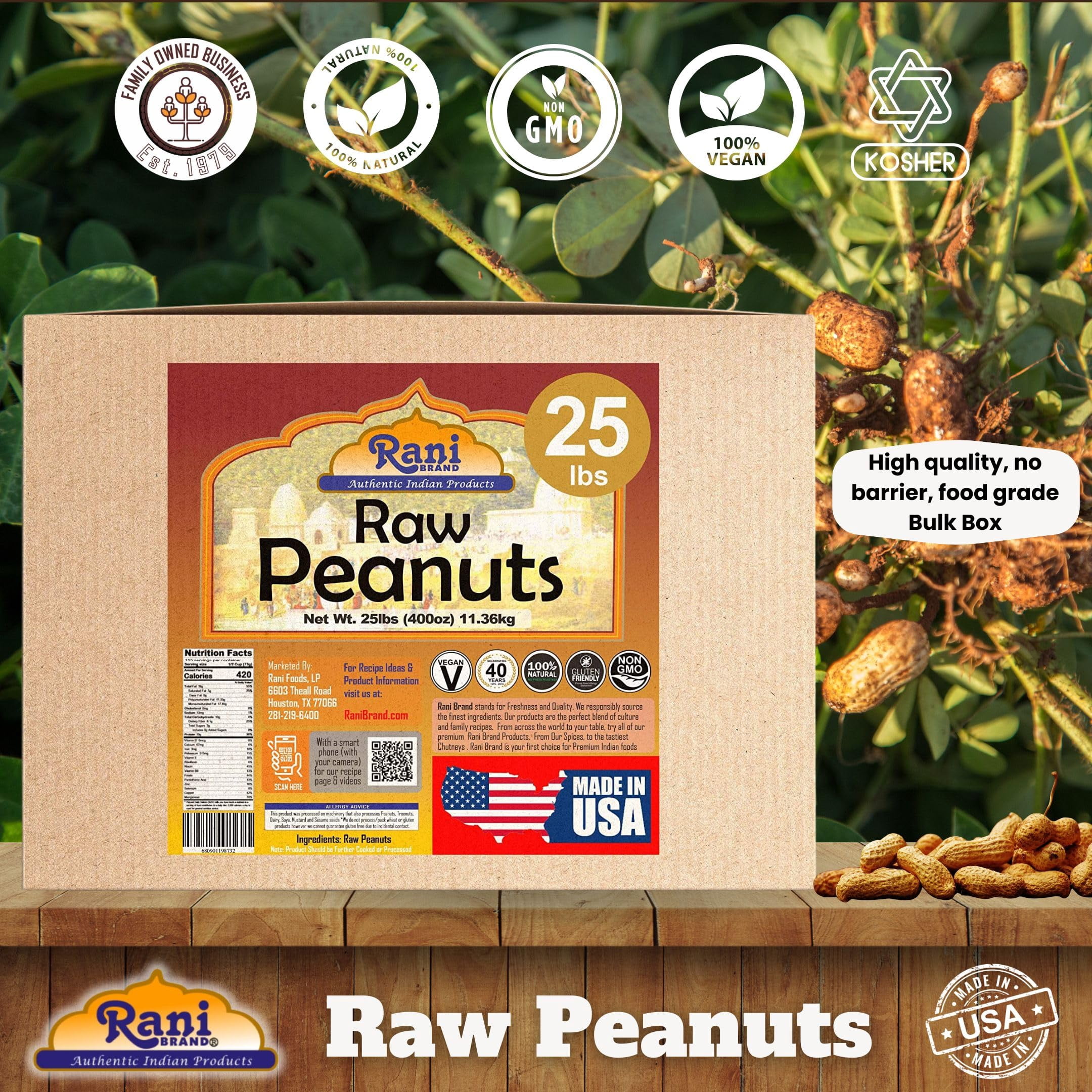 Rani Peanuts, Raw Whole With Skin (uncooked, unsalted) 25lbs (400oz) Bulk Box, 80 cases per Pallet ~ All Natural | Vegan | Gluten Friendly | Fresh ~ Spanish Grade Groundnut/Red-skin