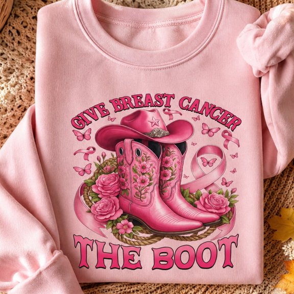 Breast Cancer Awareness Shirt, Give Breast Cancer the Boot Sweatshirt, Pink Ribbon Western Cowgirl Hoodie and T-Shirt, October Support Gift for Women