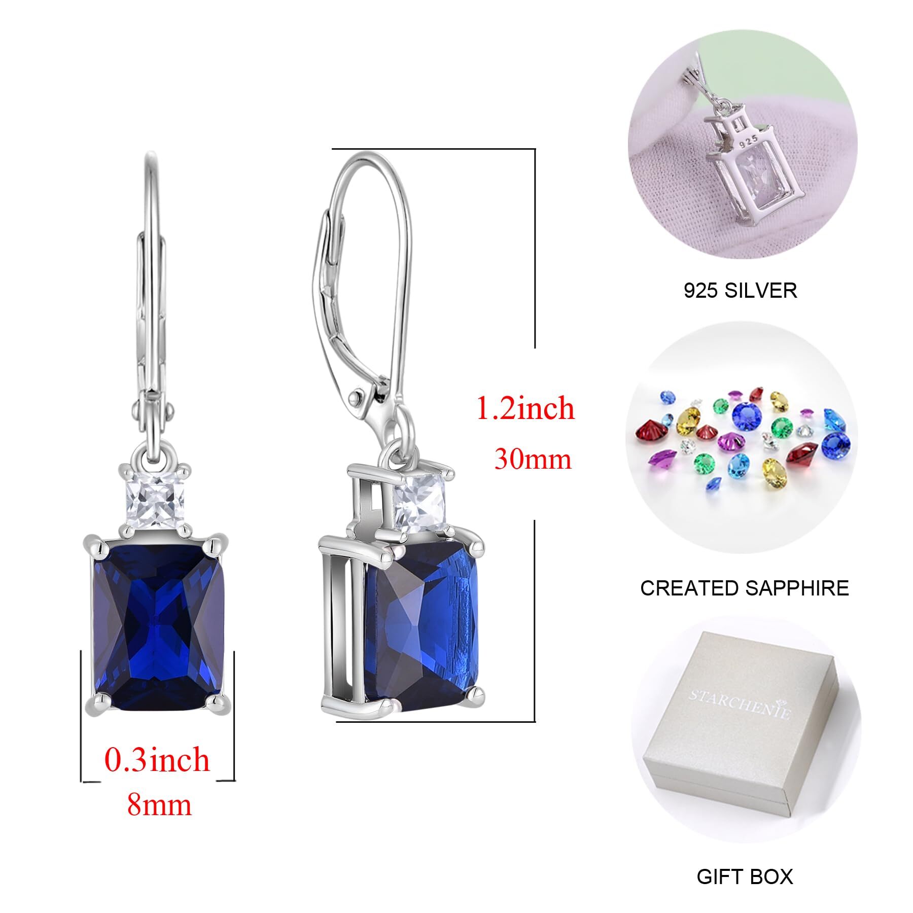 Starchenie Princess/Emerald Brilliant Cut Birthstone September Sapphire Earrings for Women Dangle Earrings Sterling Silver Leverback Earrings Birthday Anniversary Jewelry Gift