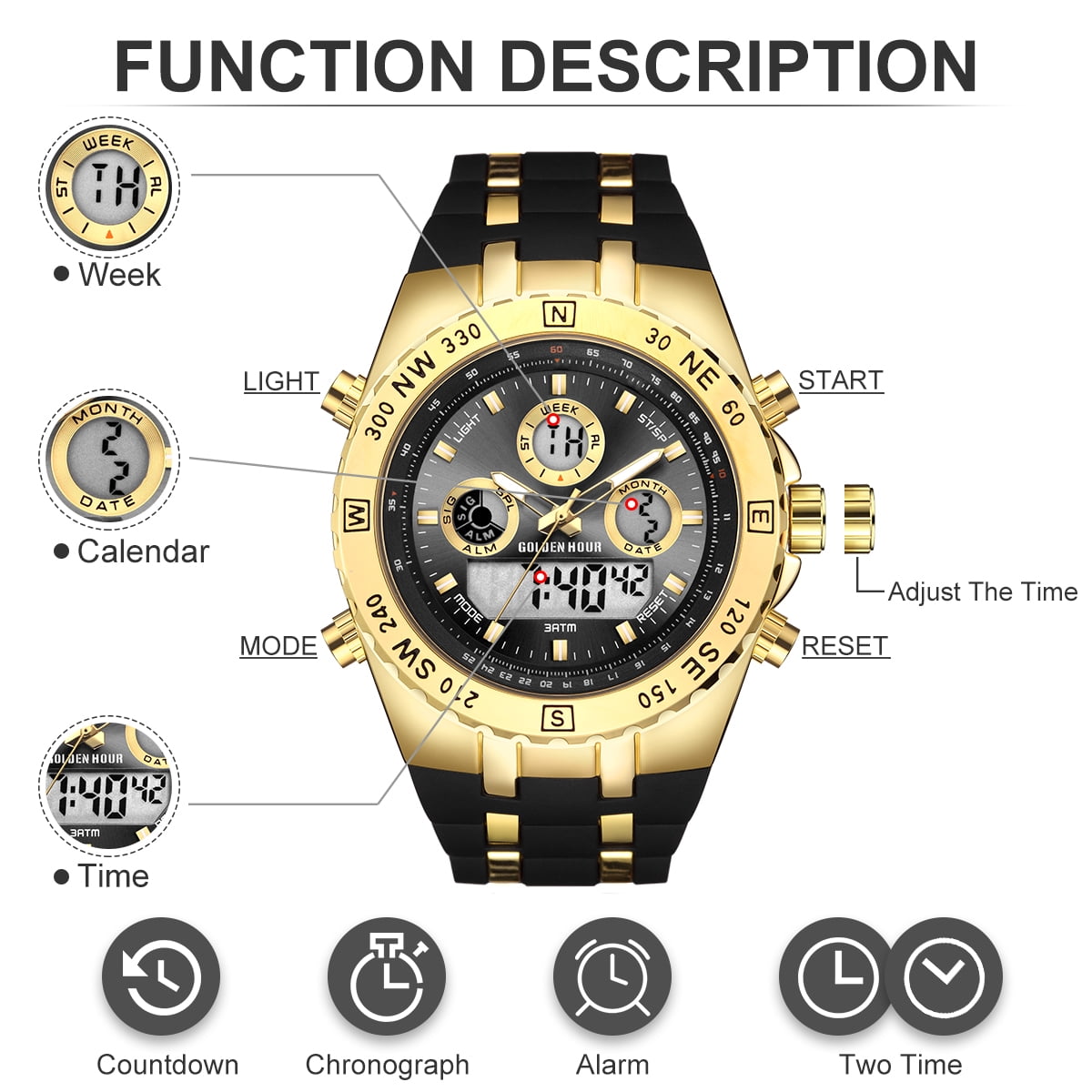 GOLDEN HOUR Military Sports Mens Watches Large Size Big Gold Dial 3ATM Waterproof Stopwatch Alarm Digital Analog Wrist Watch with Black Rubber Band Walmart
