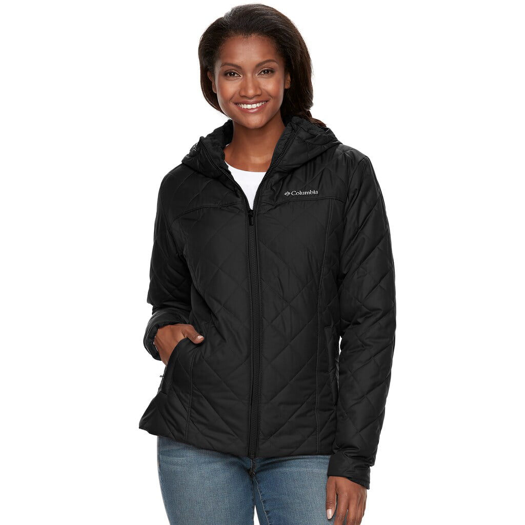 women's black quilted jacket with hood