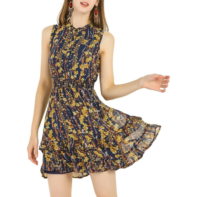 INSPIRE CHIC Robes en Mousseline pour Femmes CHIC à Smocks Robe Mini Trapèze Sans Manches à Fleurs TG Bleu Marine