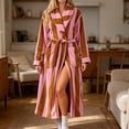 thumbnail image 4 of Women's Striped Plush Fleece Bathrobe - Thick Long Length Shawl Collar Robe with Belt and Pockets, Absorbent Cozy Lounge Wear for Winter, 4 of 6