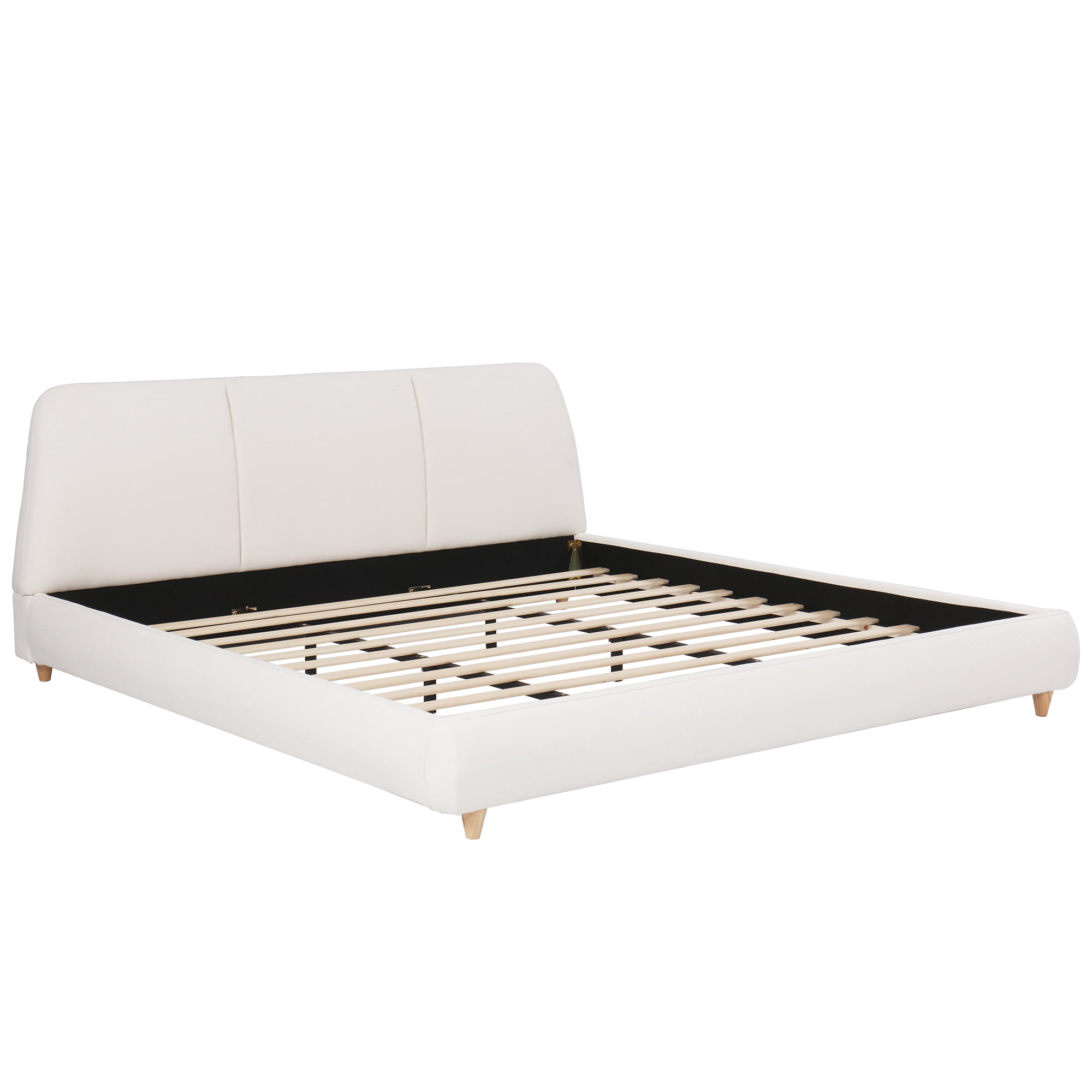 King Size Modern Upholstered Bed Frame with Linen Blend Fabric & Solid Wood Legs, Platform Bed with Thick Padded Headboard for Bedroom, White