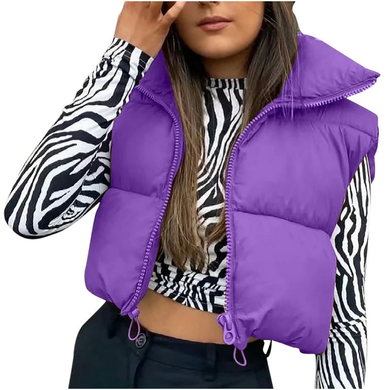 KIJBLAE Rollbacks Women's Crop Puffer Vest Winter Zip Up Lightweight  Sleeveless Warm Outerwear Padded Coat High Neck Zipper Down Vest Purple L 