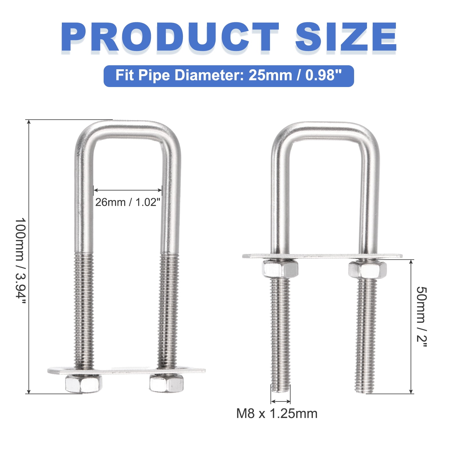 Uxcell 4 Sets M8 Square U-Bolts, 1.02" Inner Width 3.94" Length 304 Stainless Steel U Clamp Bolts with Nuts, Plates and Wrench
