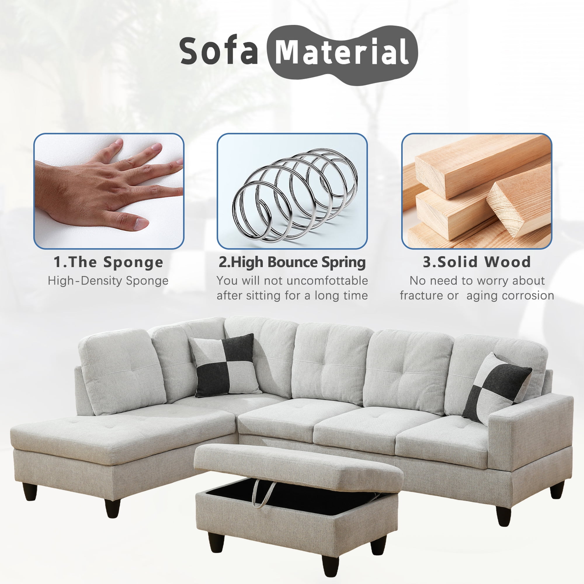 Aukfa 103" Sectional Sofa with Storage Ottoman, L Shape Couch for Living Room, Left Facing Chaise, Flannel, Off White