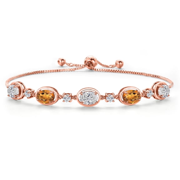 Gem Stone King 18K Rose Gold Plated Silver White Lab Grown Diamond and Orange Red Madeira Citrine Bracelet for Women | 3.50 Cttw | Gemstone April Birthstone | Oval 7X5MM | Fully Adjustable 9 inch