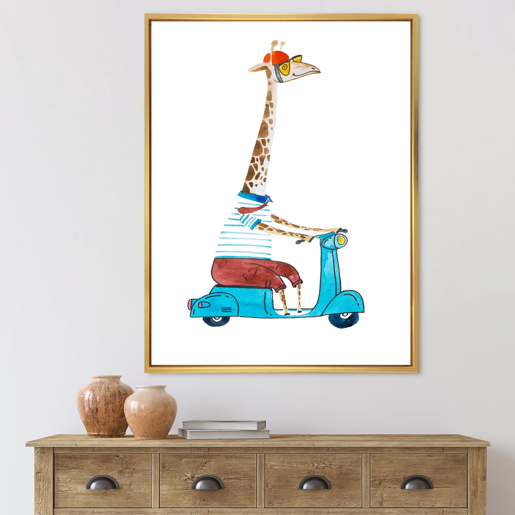 Designart 'Giraffe Dressed Up Wearing Helmet & Riding Blue Scooter' Children's Art Framed Canvas Wall Art Print