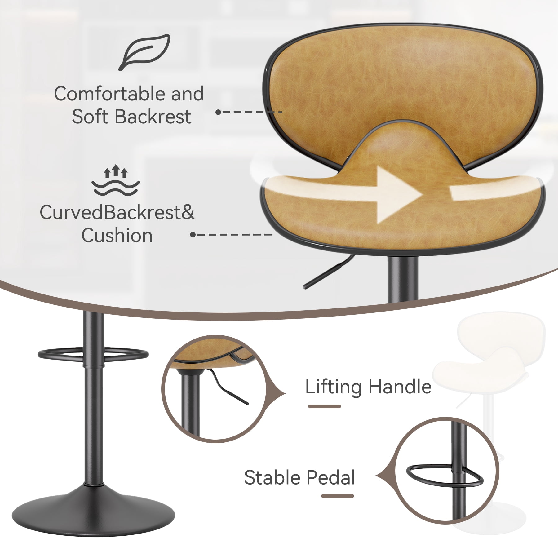 Hawsaiy Adjustable Swivel Bar Stools Set of 2 with Back and Footrest, Faux Leather Counter Height Kitchen Stools, Modern Bar Chairs for Island and Home Bar, Yellow
