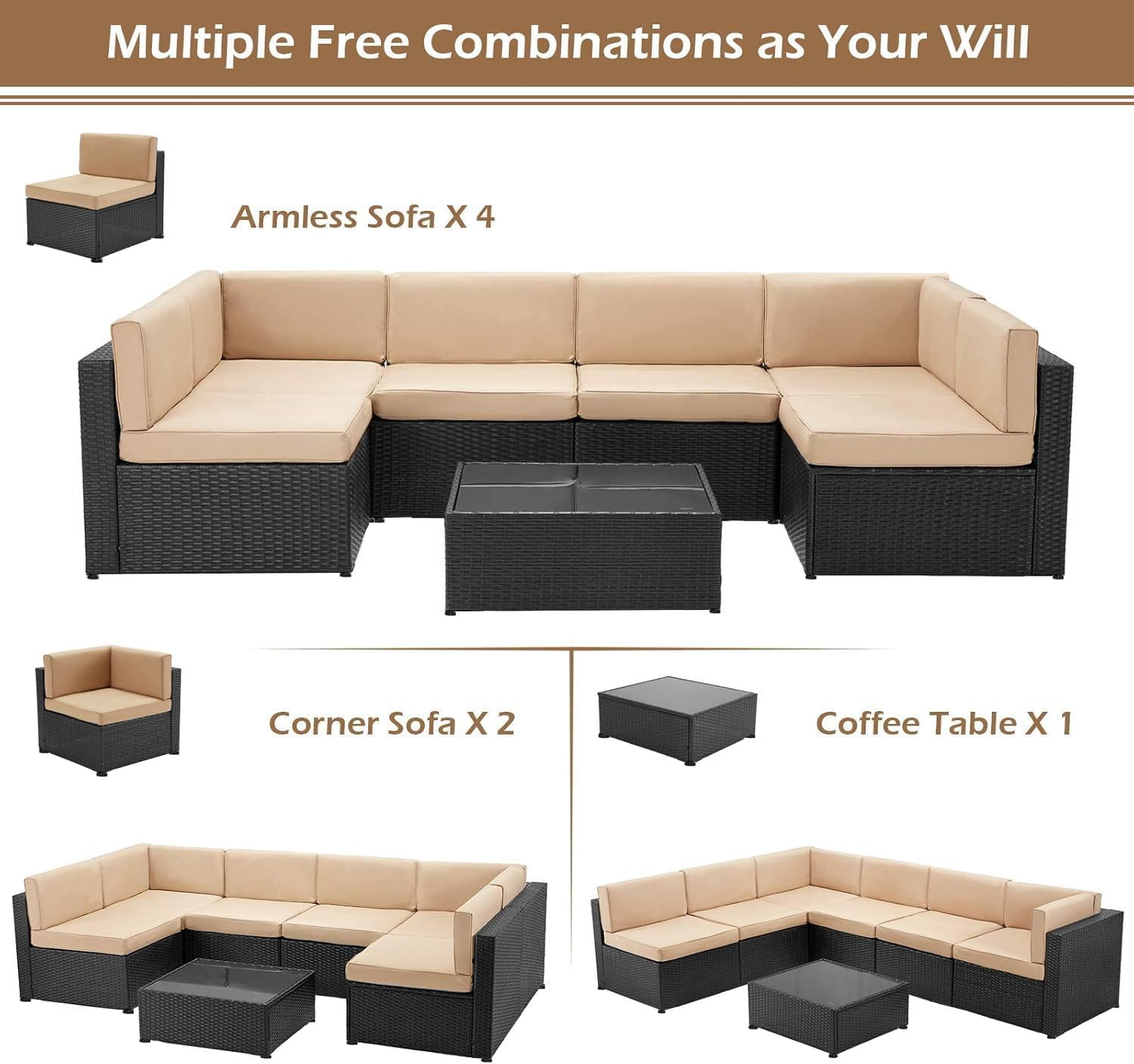 YODOLLA 7-Piece Patio Furniture Set with 43" Fire Pit Table, Rattan Wicker Outdoor Sectional Sofa Couch with Table Patio Conversation Set for Lawn& Backyard In Black& Beige