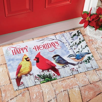 Happy Holidays Winter Birds Welcome Door Mat Cardinals And